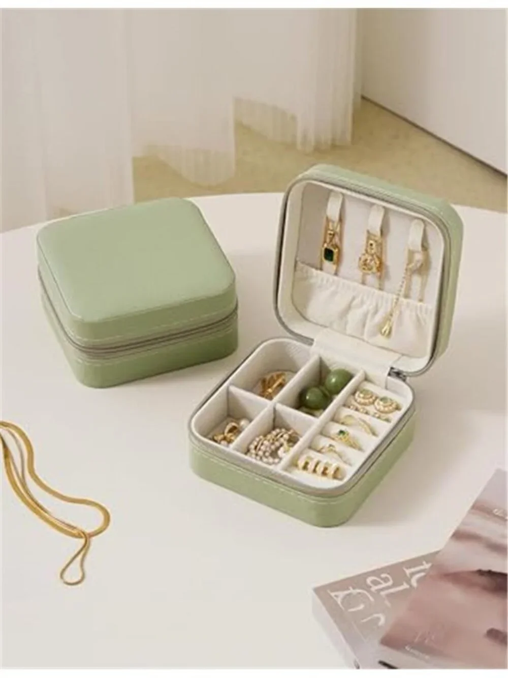 Green Leather Travel Jewelry Case Organizer Box Portable Waterproof Women Gift
